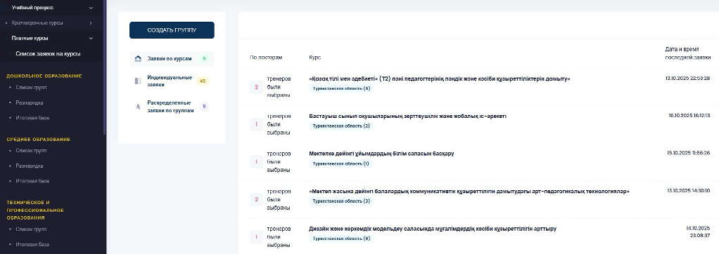 Список заявок на курсы