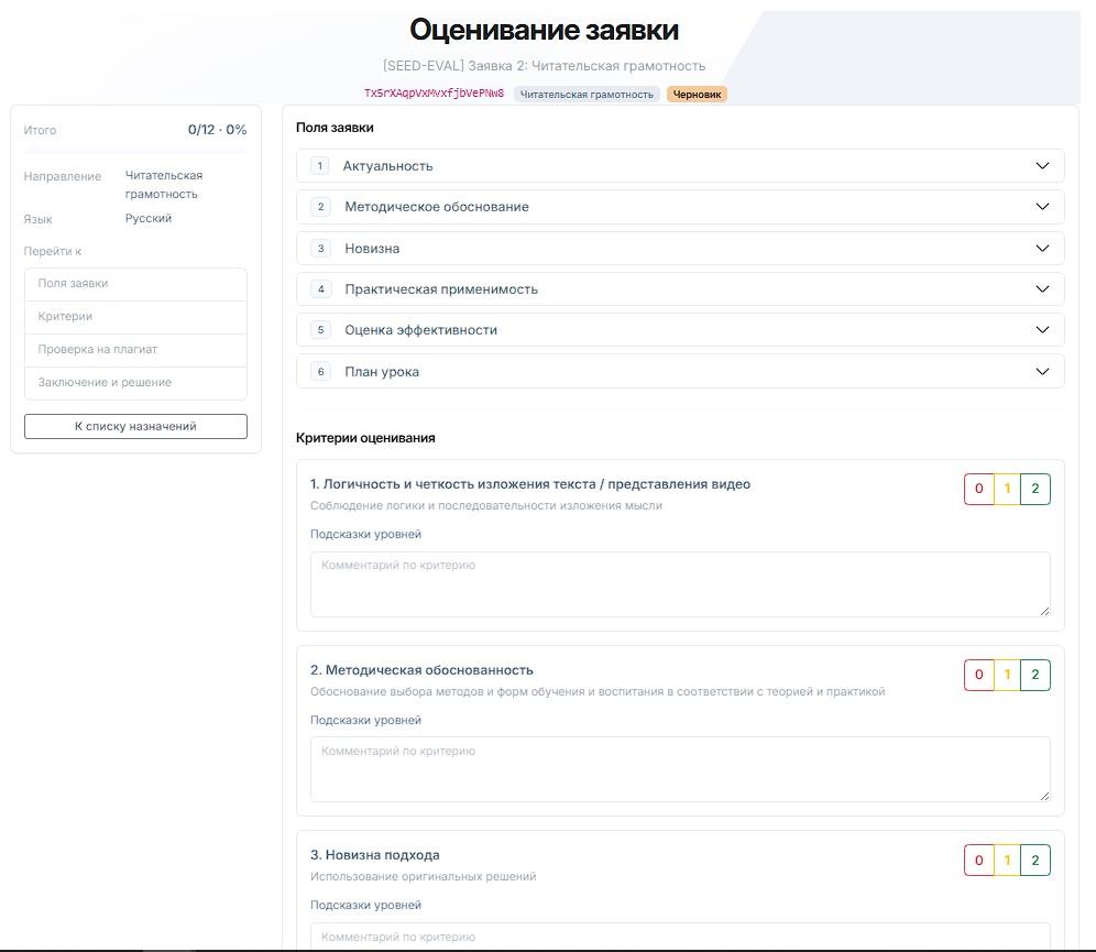 Окно Оценивание заявки